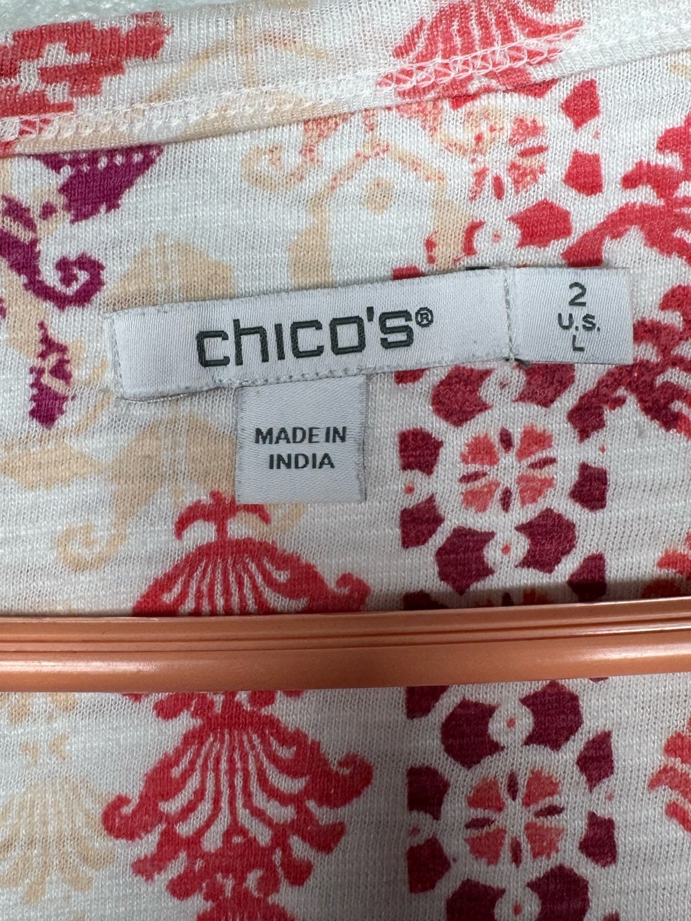 Chico’s Size 2 Large Pink Red Floral V-Neck 3/4 Sleeve Tunic Top - Picture 3 of 5